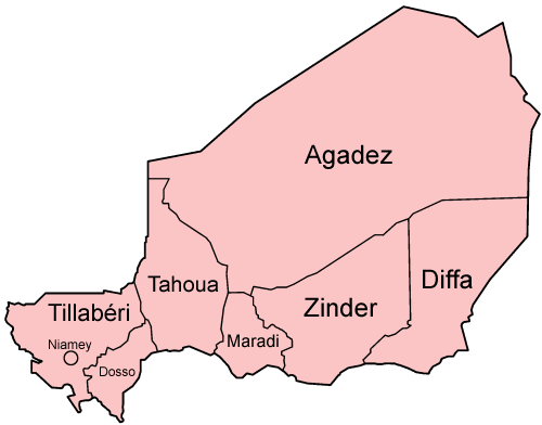 Regiones de Níger: Niamey, Agadez, Dosso, Maradi, Tahoua, Tillabery, Zinder y
                Diffa